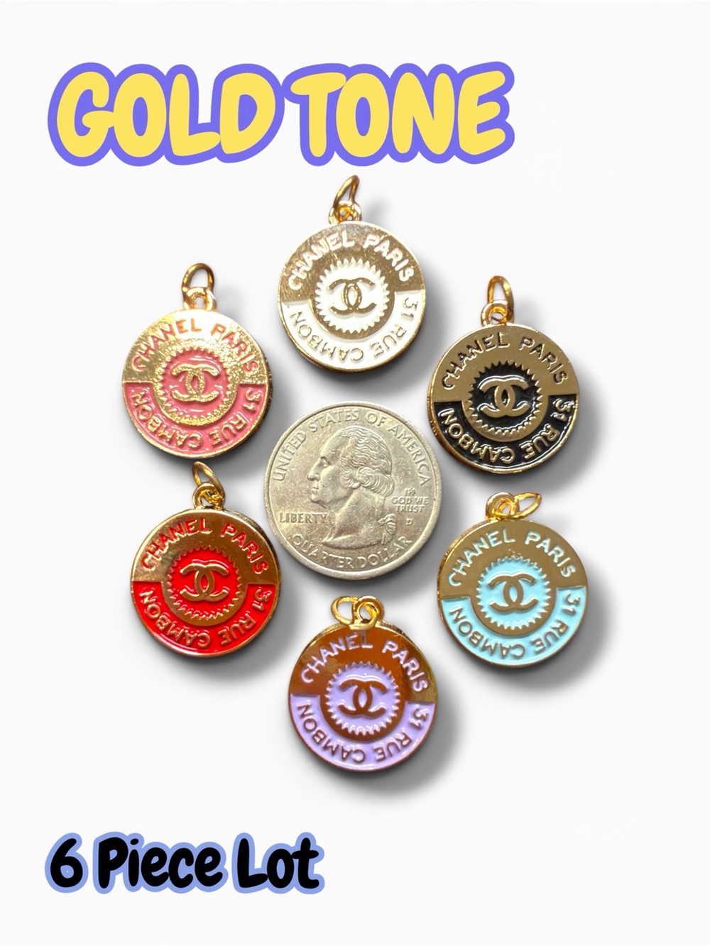 Lot Of 6 Gold Tone Round Zipper Pull Button Charms 20mm